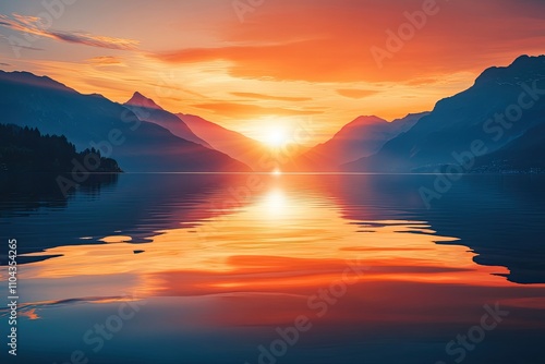 captivating summer wallpaper of a breathtaking sunset over a calm lake in the sky and reflection in water. skyline, scenery, natural, sunlight river, summer, silhouette, orange, early morning .