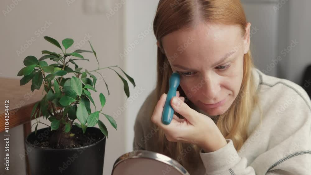 Woman applying eye cream while massaging her face in front of a mirror emphasizes skincare. Focusing on self-care techniques, she promotes healthy, radiant skin Woman applying eye cream while massaging her face in front of a mirror emphasizes skincare. Focusing on self-care techniques, she promotes healthy, radiant skin
