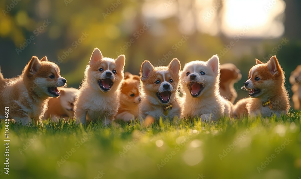 A heartwarming snapshot of a bunch of playful puppies joyfully interacting on a lush grass field, surrounded by nature, embodying the spirit of companionship and fun A heartwarming snapshot of a bunch of playful puppies joyfully interacting on a lush grass field, surrounded by nature, embodying the spirit of companionship and fun