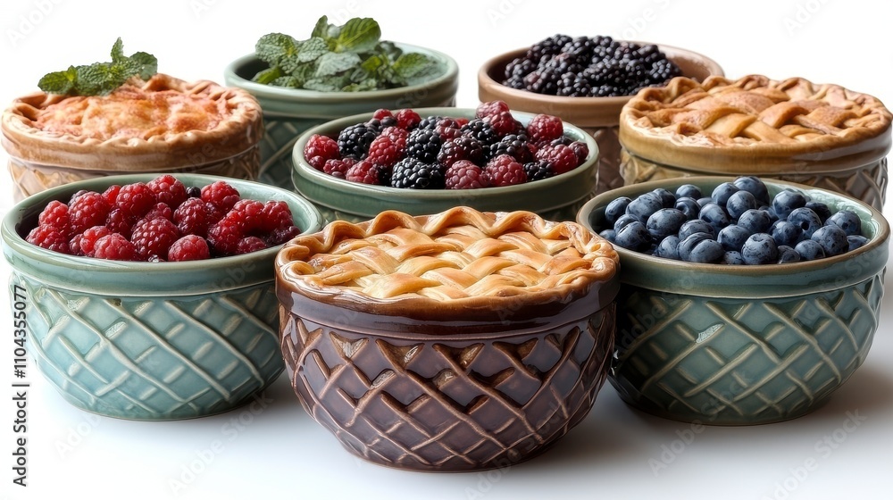 A Delightful Array of Berry Pies and Fresh Fruit in Exquisite Ceramic Bowls A Delightful Array of Berry Pies and Fresh Fruit in Exquisite Ceramic Bowls