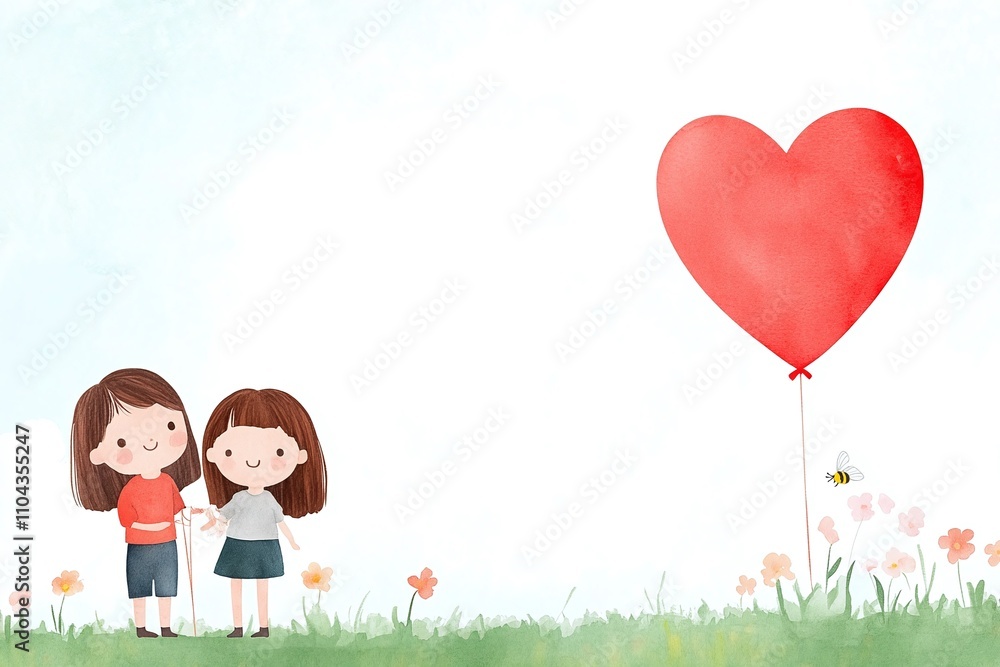 Two girls standing together in grassy field with red heart balloon, watercolor illustration, minimalistic design, whimsical and cheerful atmosphere, romantic outdoor scene
Two girls standing together in grassy field with red heart balloon, watercolor illustration, minimalistic design, whimsical and cheerful atmosphere, romantic outdoor scene