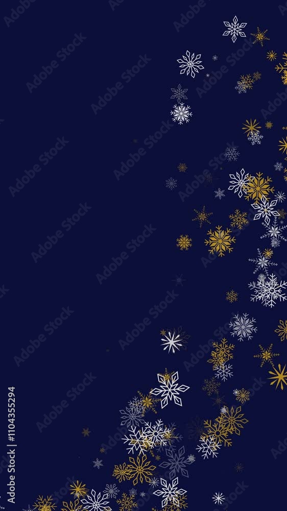 Blue christmas background with frame of gold glittering snowflakes. Loop animation. Copy space. Vertical video. Blue christmas background with frame of gold glittering snowflakes. Loop animation. Copy space. Vertical video.