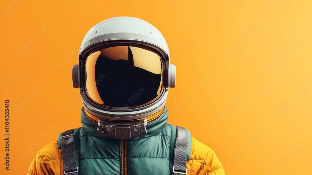 Close-up of a modern astronaut helmet with reflective visor and colorful suit against a bright orange background. Close-up of a modern astronaut helmet with reflective visor and colorful suit against a bright orange background.