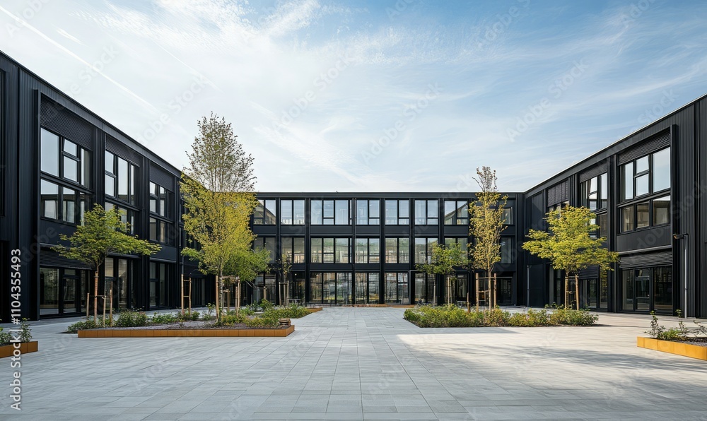 A large black building with a lot of windows and a large open courtyard A large black building with a lot of windows and a large open courtyard