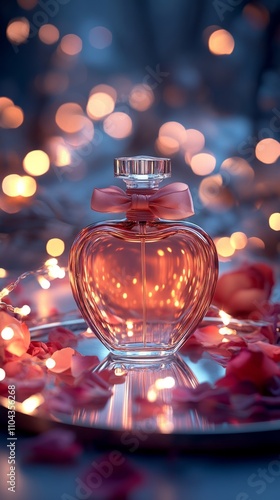 Elegant heart-shaped perfume bottle with romantic bokeh lighting and rose petals