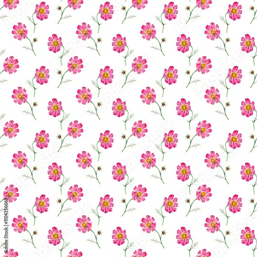 Wallpaper Mural Seamless watercolor pattern with pink cosmos flowers repeating on white background. Plant design for textiles, wallpapers, cards and packaging. Torontodigital.ca