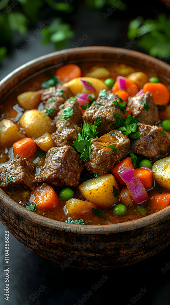 Hearty beef stew in rustic bowl with potatoes, carrots, peas, and onions. Hearty beef stew in rustic bowl with potatoes, carrots, peas, and onions.