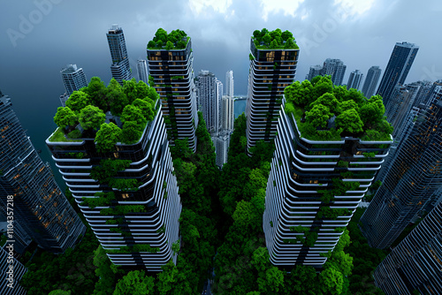 Aerial view of modern skyscrapers integrated with greenery, showcasing urban sustainability and a harmonious blend of nature and architecture. #1104357218