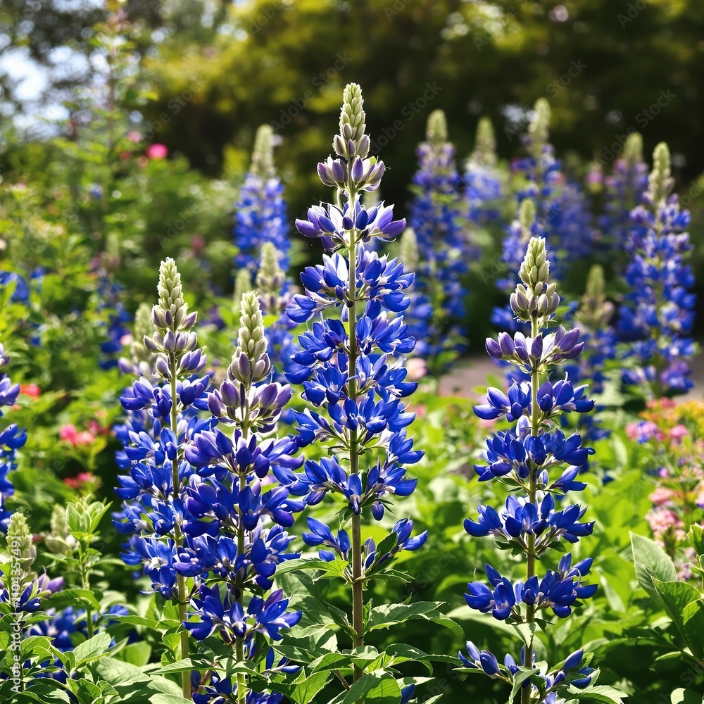 Blue lupine blossoms adding a pop of color to the lush green garden landscape, blooms, green, landscape, garden Blue lupine blossoms adding a pop of color to the lush green garden landscape, blooms, green, landscape, garden