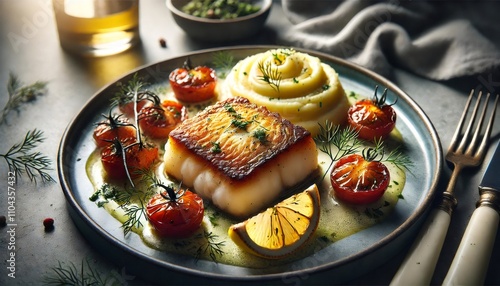 Delicious grilled cod fillet with roasted tomatoes, mashed potatoes, lemon, and fresh dill photo