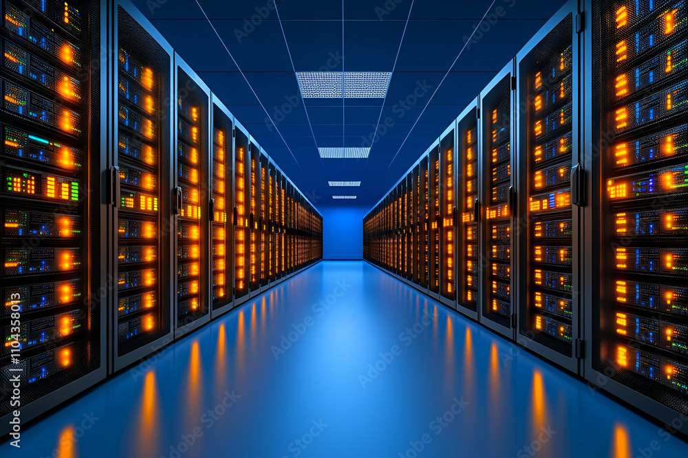 A futuristic data center with illuminated server racks lined up in a corridor, showcasing advanced technology in a blue-lit environment. A futuristic data center with illuminated server racks lined up in a corridor, showcasing advanced technology in a blue-lit environment.