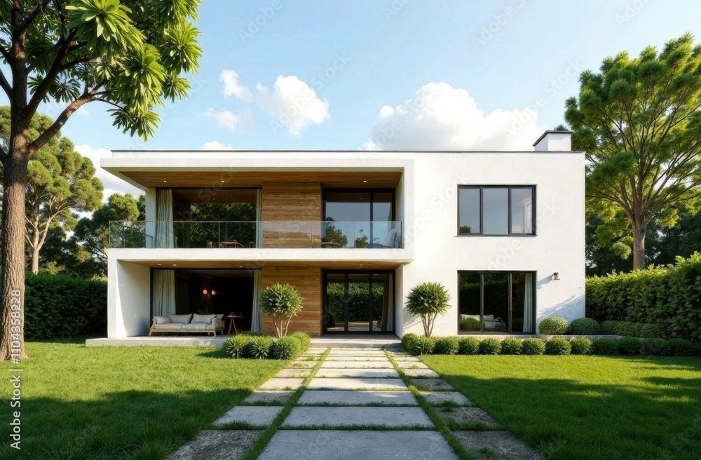 Contemporary architecture showcases a spacious home with a lush green garden and pathway under a clear blue sky. Generative AI Contemporary architecture showcases a spacious home with a lush green garden and pathway under a clear blue sky. Generative AI
