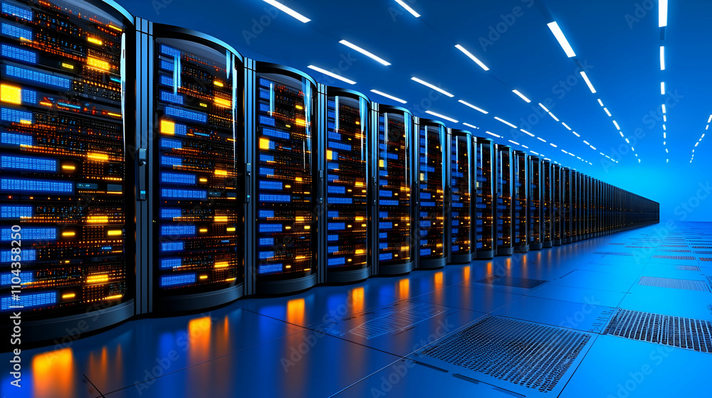 A high-tech server room featuring rows of illuminated servers, emphasizing a cool blue ambiance and advanced technology. A high-tech server room featuring rows of illuminated servers, emphasizing a cool blue ambiance and advanced technology.