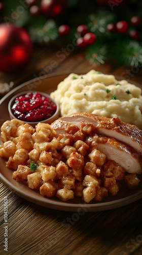 Wallpaper Mural Roasted turkey breast with mashed potatoes, cranberry sauce, and fried potato cubes. Torontodigital.ca