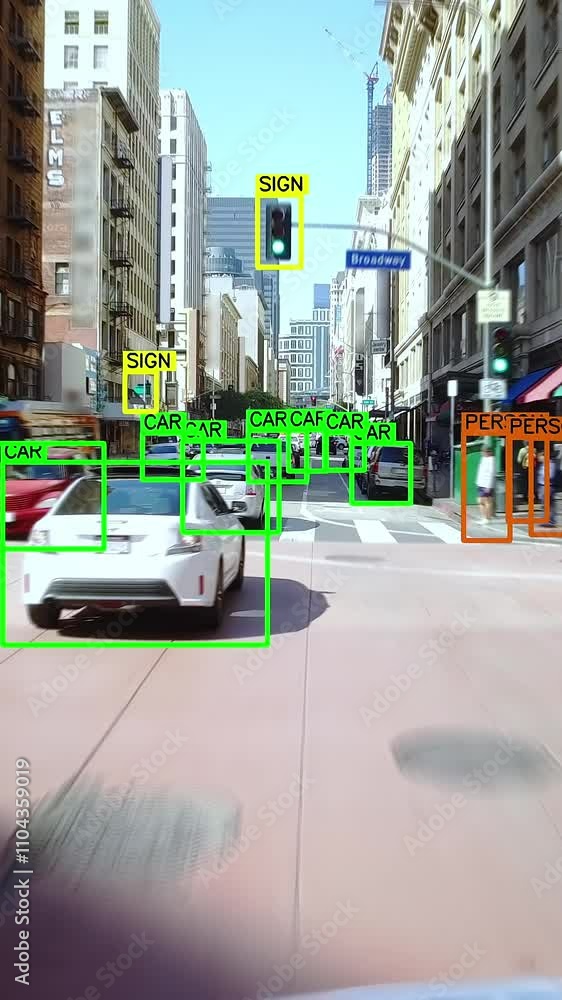 Autonomous or driverless car driving through a crowded street in Los ...