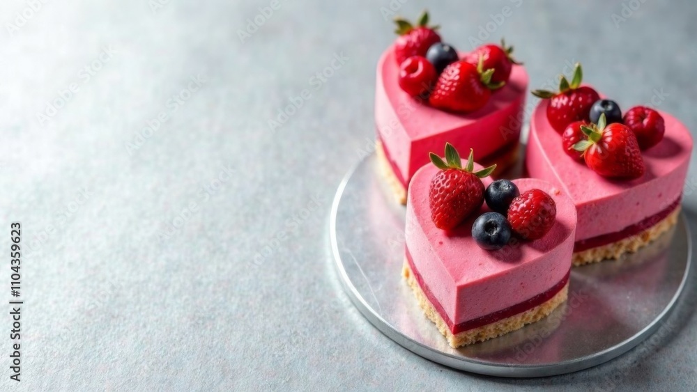 Frame of heart-shaped cakes decorated with ripe strawberries. Concept for Valentine's Day, Mother's Day, Birthday. Place for text Frame of heart-shaped cakes decorated with ripe strawberries. Concept for Valentine's Day, Mother's Day, Birthday. Place for text