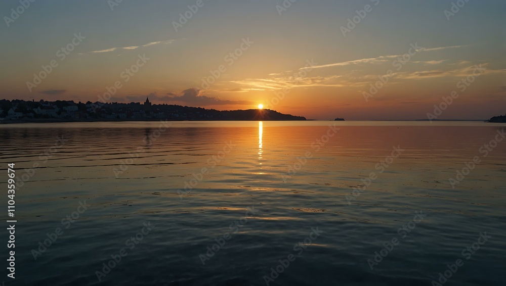 Calm sea with a tungsten-colored sunrise near a medieval town. Calm sea with a tungsten-colored sunrise near a medieval town.