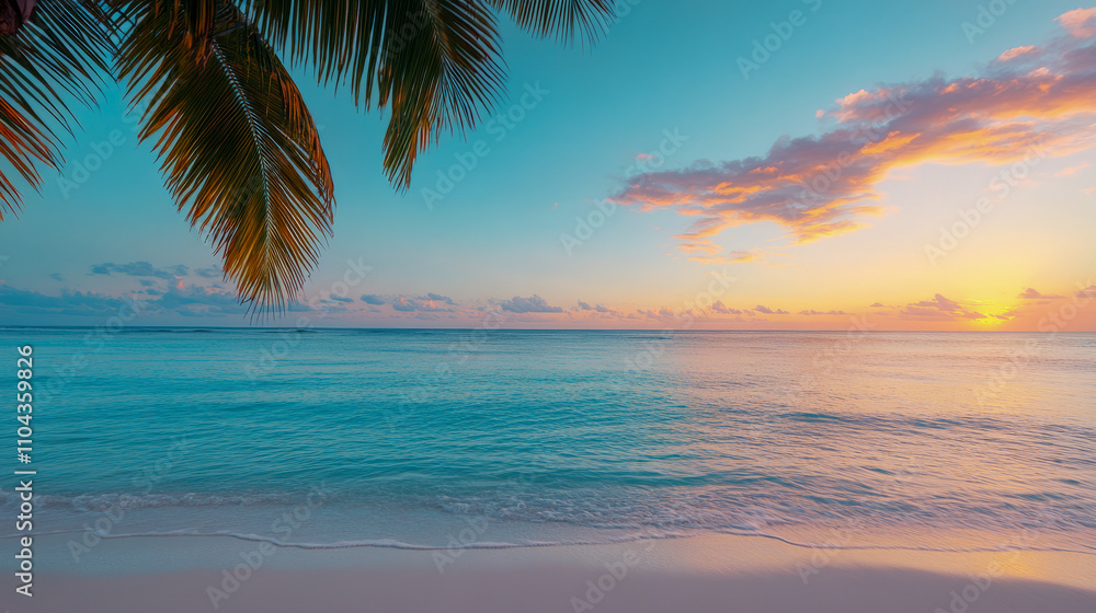 Tranquil tropical beach sunset with palm fronds and calm ocean waves Tranquil tropical beach sunset with palm fronds and calm ocean waves