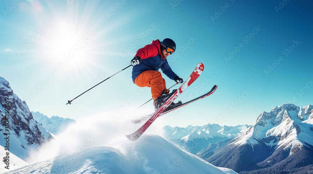 Skier performing a jump on snowy mountain slope with bright sun Skier performing a jump on snowy mountain slope with bright sun