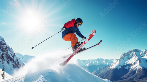 Skier performing a jump on snowy mountain slope with bright sun