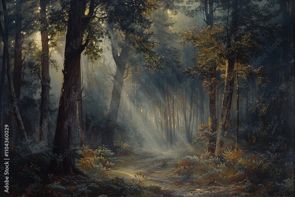 Fototapeta premium Symbolist Dreamscape: Mysterious Forest with Symbolic Elements