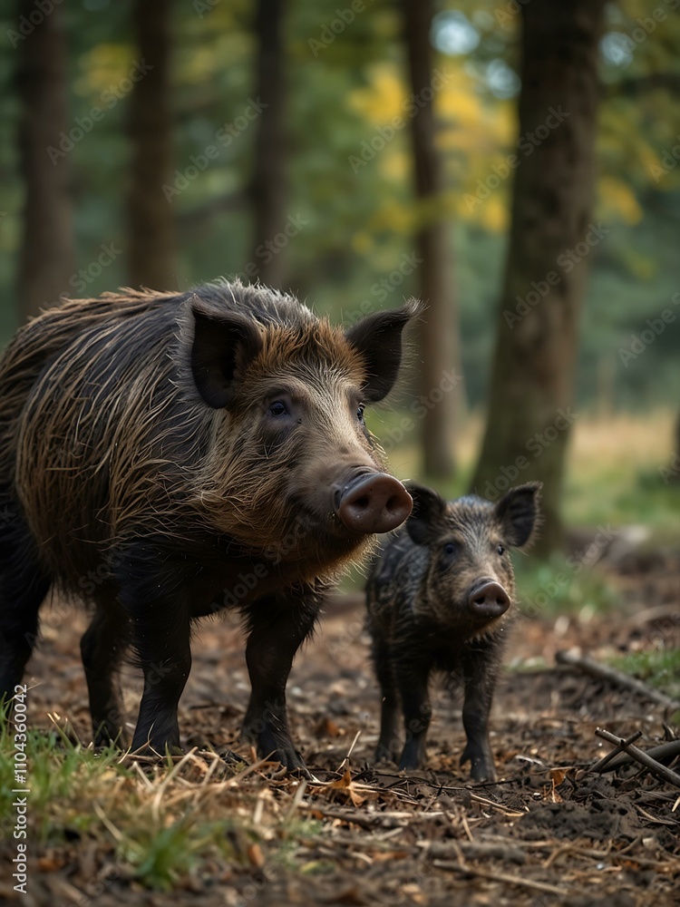Calm wild boar family searching for food. Calm wild boar family searching for food.