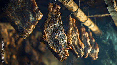 Dried meat from a traditional smokehouse, hanging on metal hooks while slowly smoking and preparing for cooking, a smokehouse with various pieces of meat.