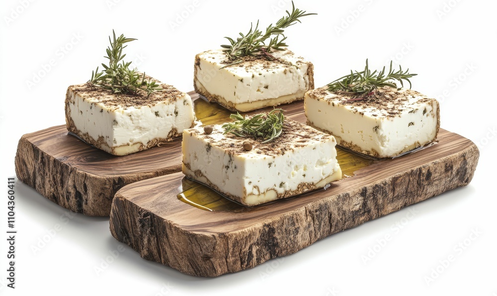 Four herb-coated cheese cubes on wood. Four herb-coated cheese cubes on wood.