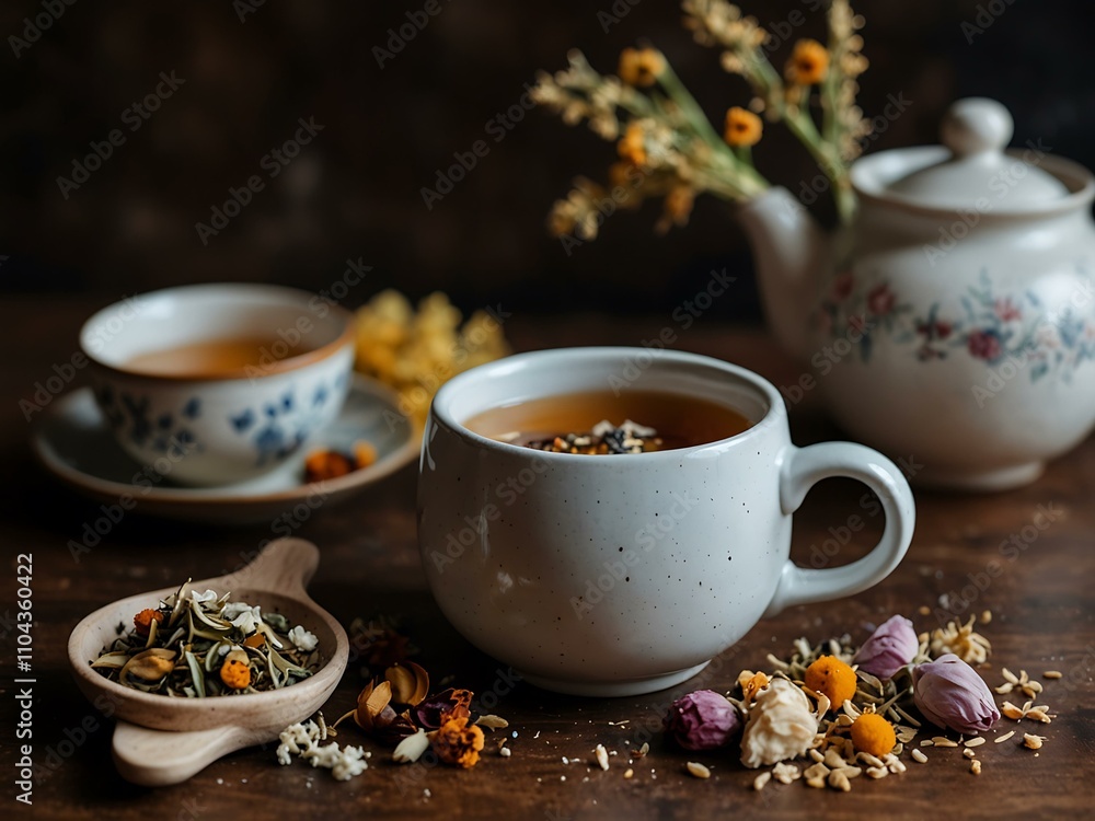 Calming tea scene with loose leaves and dried flowers. Calming tea scene with loose leaves and dried flowers.