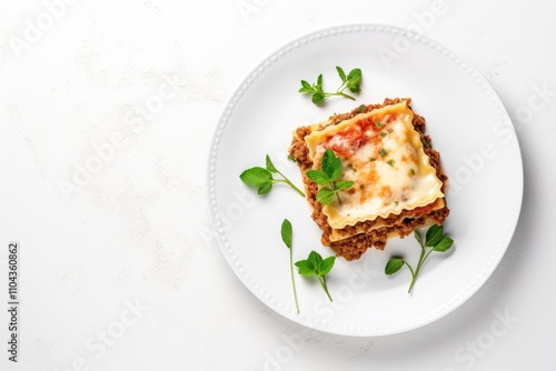 Classic lasagna with beef bolognese and basil on white plate top view