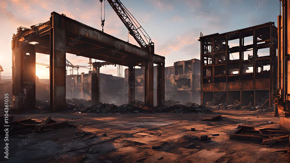 An abandoned construction site in an industrial style. Rusted beams, crumbling concrete blocks, and a crane that is no longer functional. Abandoned Construction Machines An abandoned construction site in an industrial style. Rusted beams, crumbling concrete blocks, and a crane that is no longer functional. Abandoned Construction Machines