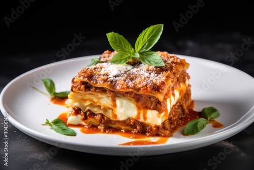 Classic lasagna with bolognese sauce garnished with basil presented on a white plate