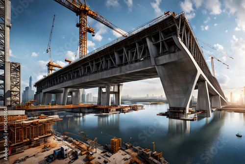 Massive bridge under construction. Crane builds a bridge. Bridge construction site  with concrete abutments, metal trusses and cranes installing huge steel girders. Construction of a bridge over the R