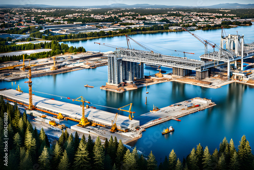 Massive bridge under construction. Crane builds a bridge. Bridge construction site  with concrete abutments, metal trusses and cranes installing huge steel girders. Construction of a bridge over the R