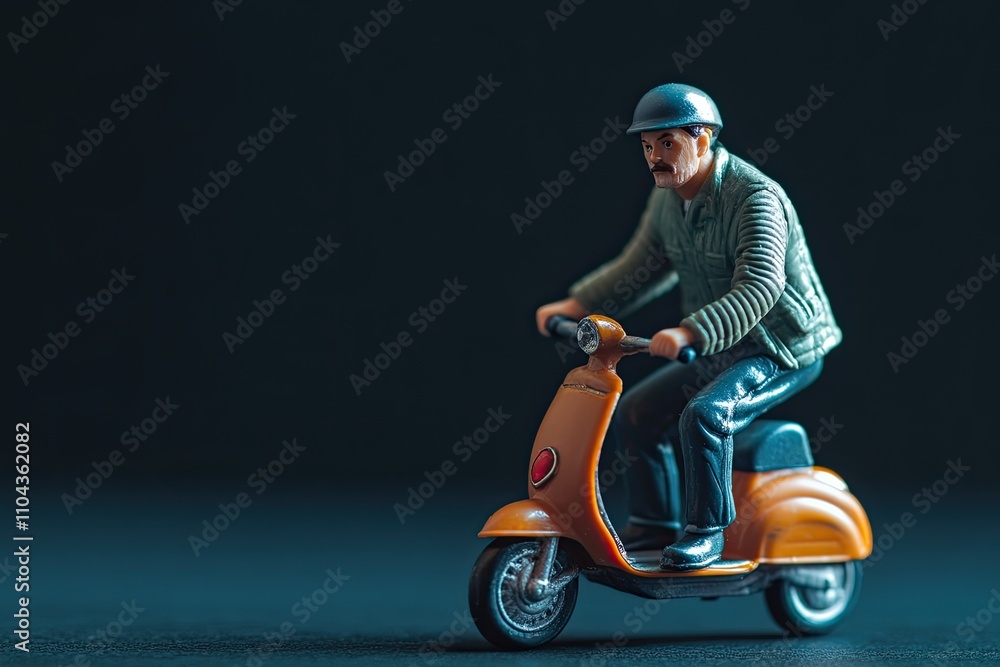 man riding scooter miniature toy decoration isolated on black gradient background man riding scooter miniature toy decoration isolated on black gradient background