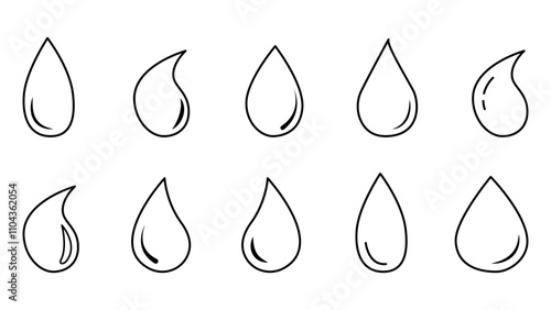 Outline illustration of the drops of water. A black and white raindrop set.