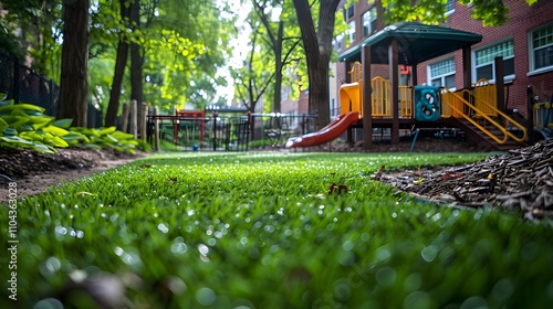 A park with a playground and a green area
