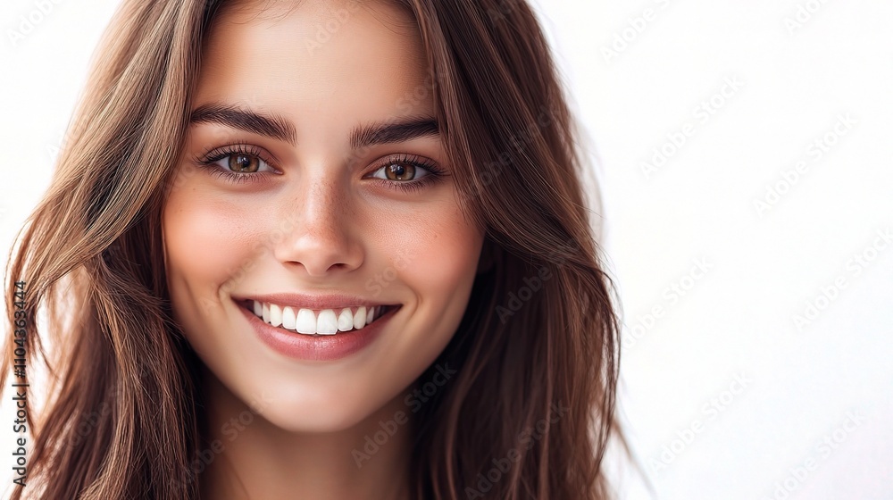 Beautiful woman with long brown hair and bright smile indoors Beautiful woman with long brown hair and bright smile indoors