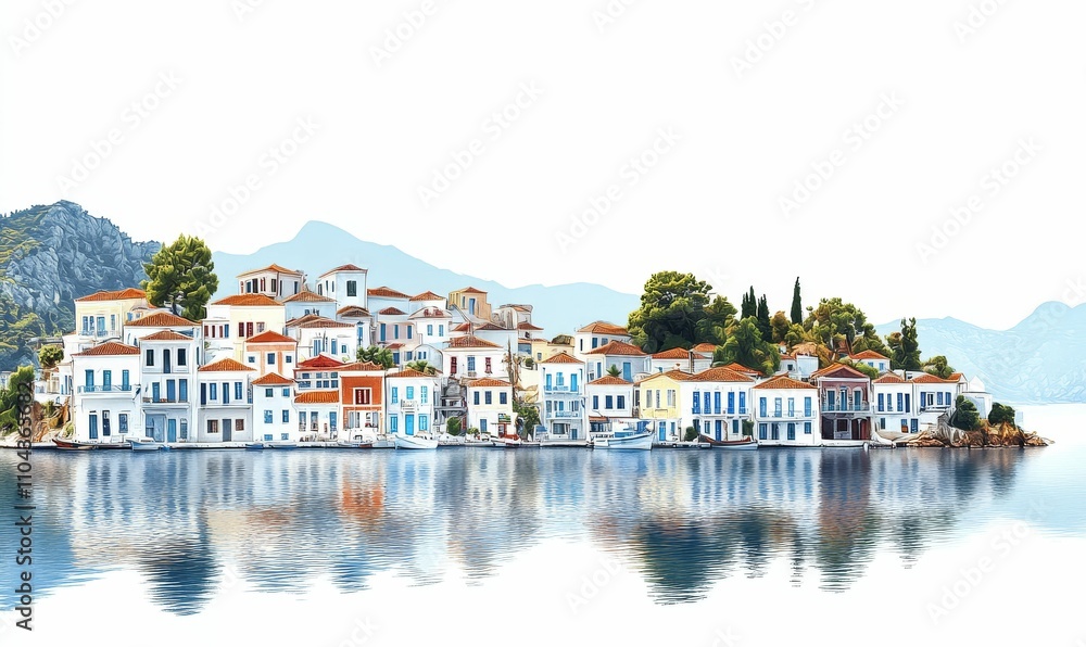 Obraz premium Island village, colorful houses, calm water, mountain backdrop.