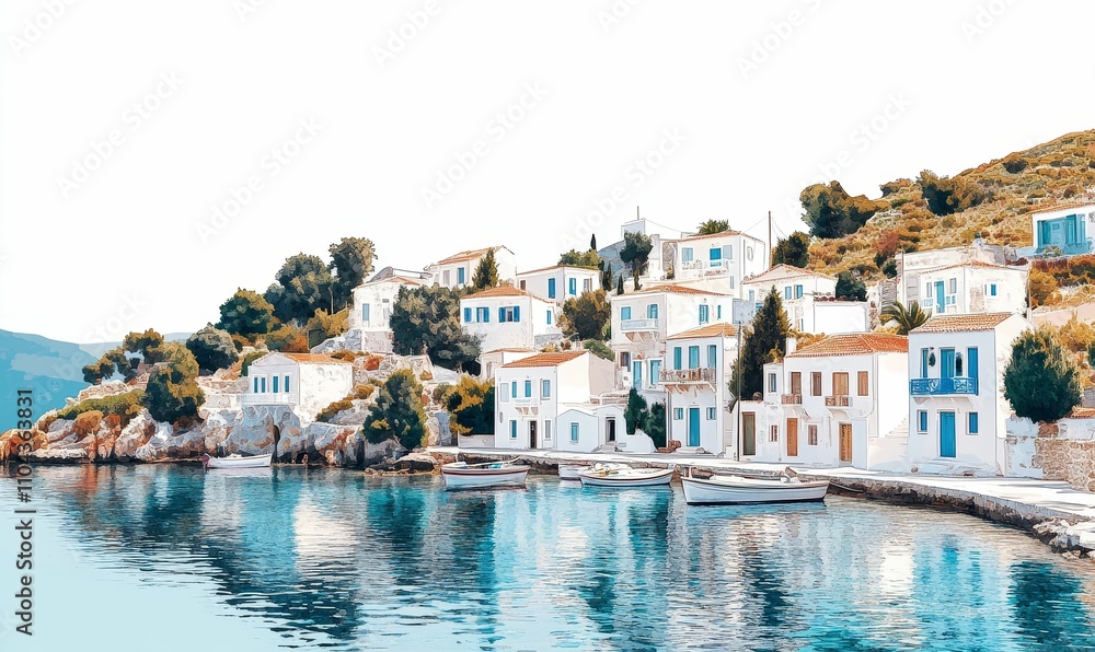Whitewashed houses, tranquil harbor, small boats. Whitewashed houses, tranquil harbor, small boats.