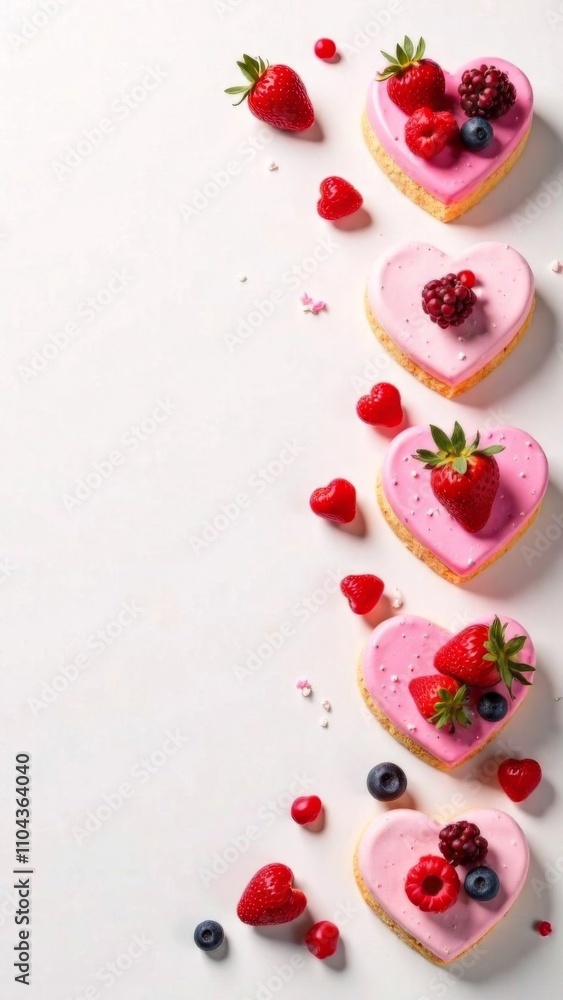 Frame of heart-shaped cakes decorated with ripe strawberries. Concept for Valentine's Day, Mother's Day, Birthday. Place for text Frame of heart-shaped cakes decorated with ripe strawberries. Concept for Valentine's Day, Mother's Day, Birthday. Place for text