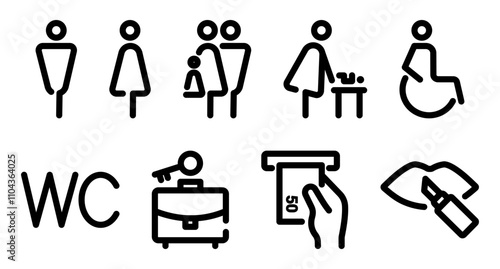 WC line icon set. Stylish toilet  sign. Editable stroke. Men, women, mother with child and disability symbol. Vector illustration.