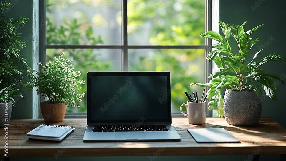 Laptop, Plants, and Workspace by the Window Laptop, Plants, and Workspace by the Window