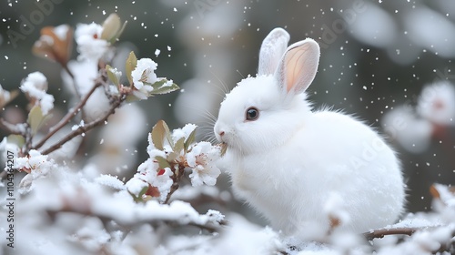 White Bunny in the Snow with Cherry Blossoms, Abstract Image, Texture, Pattern Background, Wallpaper, Cover and Screen for Smartphone, PC, Laptop, 9:16 and 16:9 Format