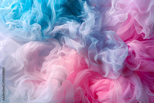 An abstract composition of soft, flowing fabric in shades of blue, pink, and white, creating a dreamy, ethereal atmosphere.