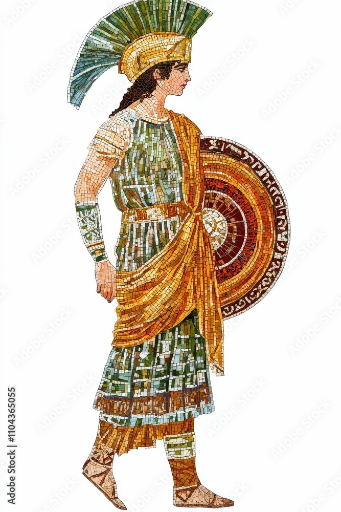 Obraz premium Mosaic artwork depicts warrior, helmet, shield.