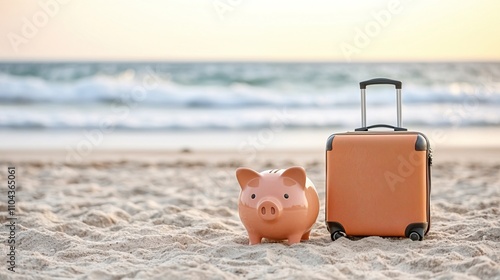 Piggy bank beach vacation travel concept. Piggy Bank and Suitcase on Sandy Beach at Sunset