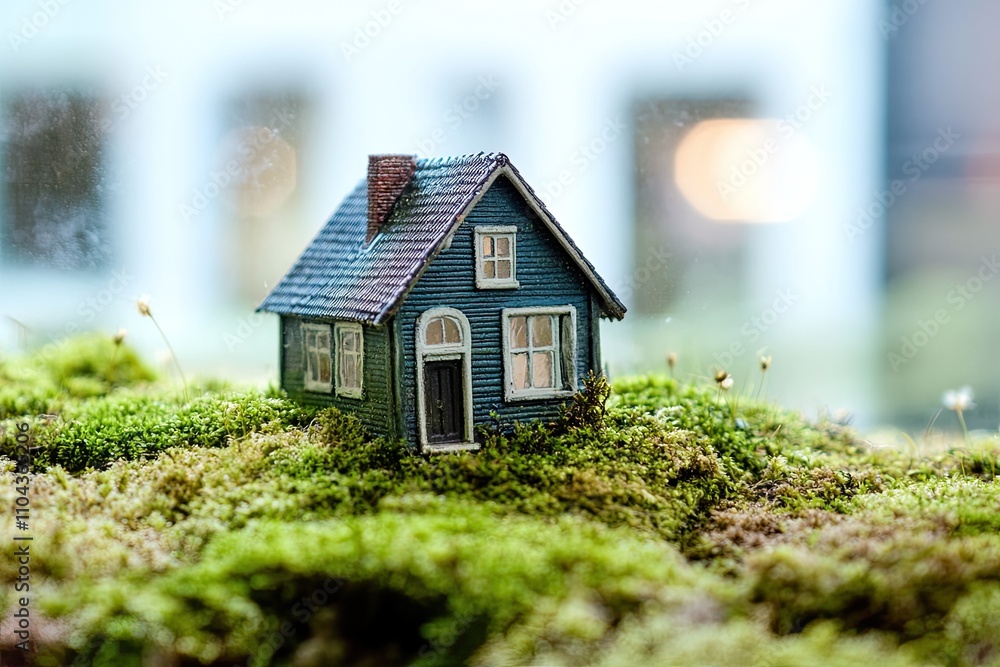 Small toy house under the glass with moss and grass around