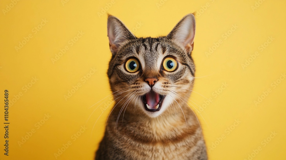 Cat with bright eyes and open mouth against a yellow background during a playful moment Cat with bright eyes and open mouth against a yellow background during a playful moment