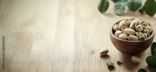 Pistachios in wooden bowl, natural setting, healthy snack, green leaves, wooden table, copy space for text